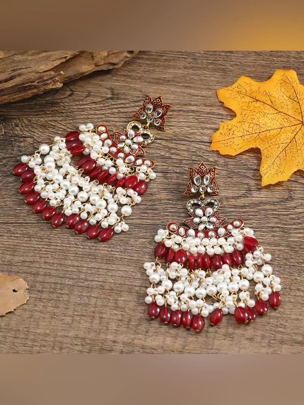 Red and White Kundan Pearl Chandelier beaded tassels Earrings
